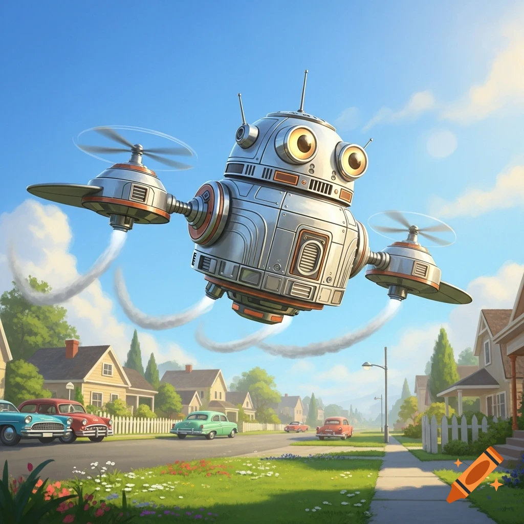 A retro 1950s-style flying droid bot soars over a suburban street with houses and vintage cars, in a bright cartoon illustration.