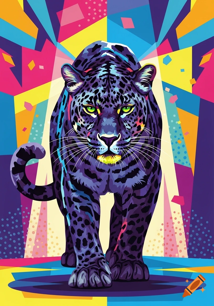 A vibrant pop art poster featuring a black leopard with glowing green eyes, set against a background of colorful geometric shapes.