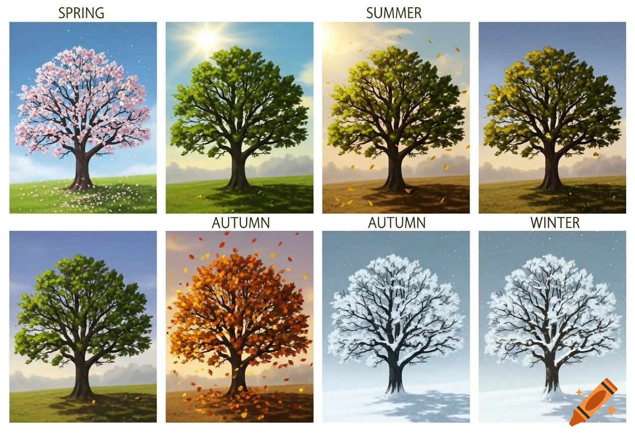 An 8-panel grid showing a single tree transforming through spring, summer, autumn, and winter, with some season labels appearing incorrect.