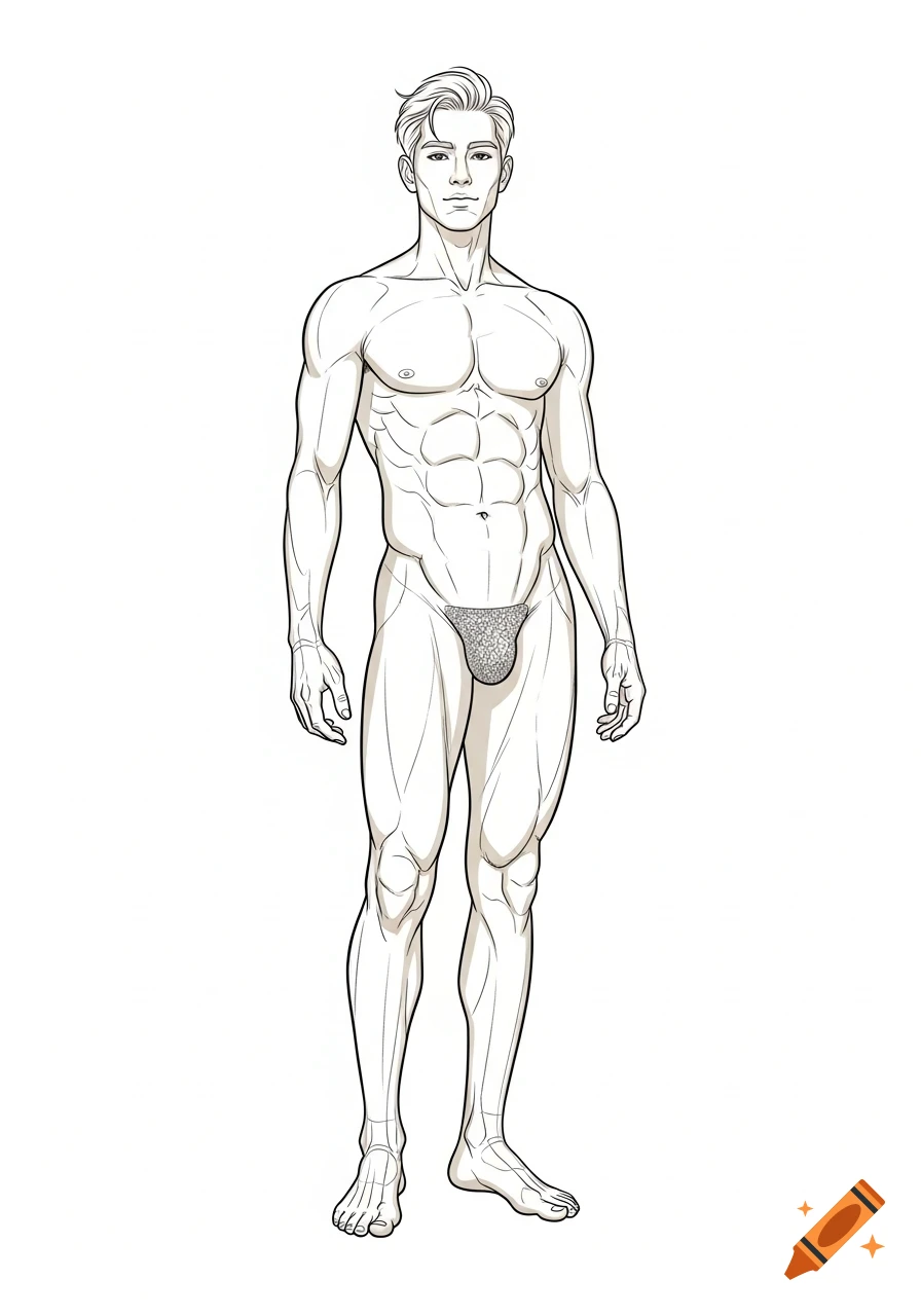 Line art sketch of a muscular male figure in a standing pose, wearing a brief, against a white background.
