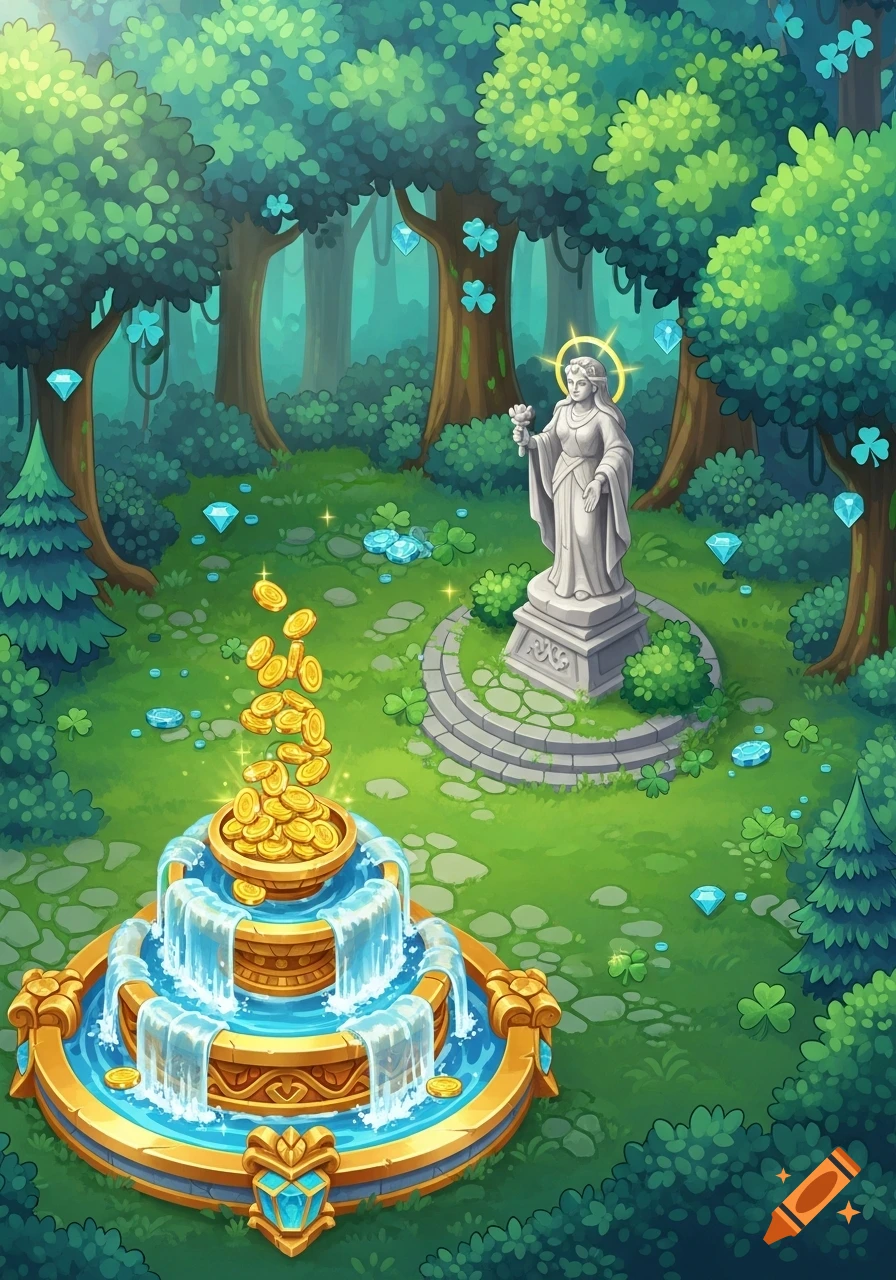 Isometric fantasy game art of a serene forest with a goddess statue, a golden fountain overflowing with coins, and scattered diamonds and shamrocks.