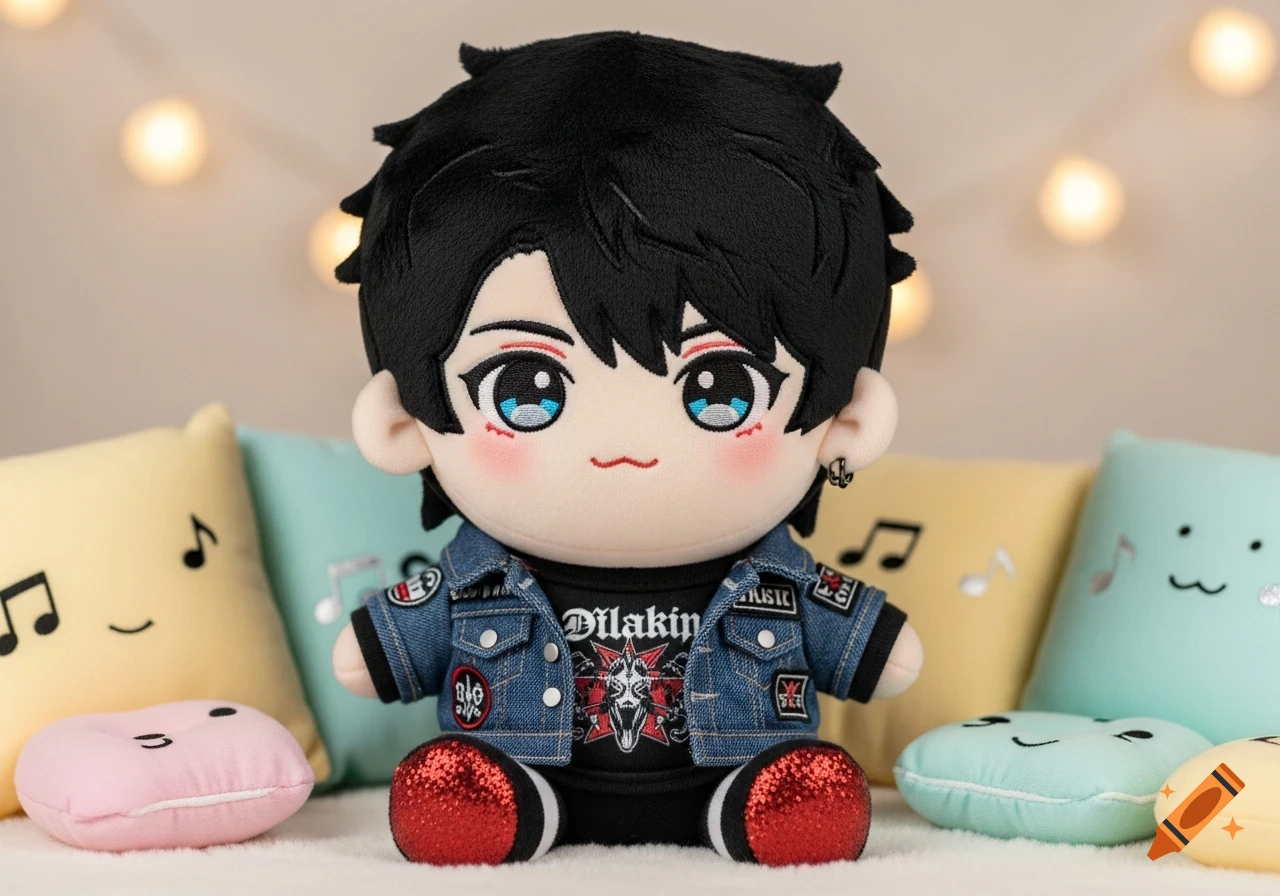 An anime-style plushie with black spiky hair, blue eyes, a denim jacket with patches, and red glitter shoes, sitting among colorful pillows.
