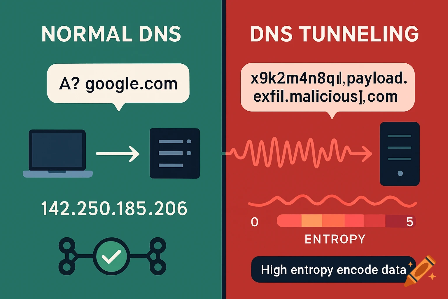 A split technical diagram comparing normal DNS traffic (green) to malicious DNS tunneling (red) with examples of domain names and IP addresses.