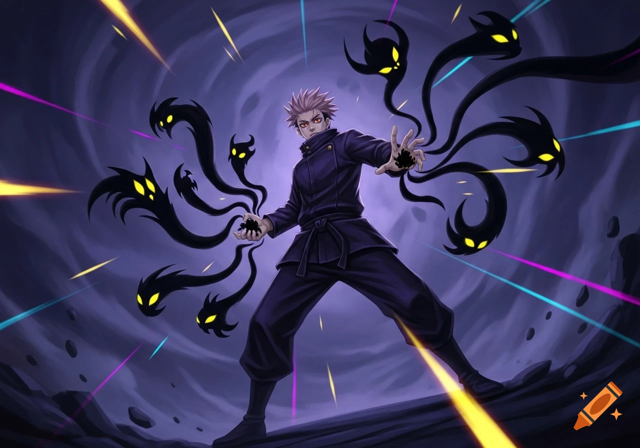 Anime male character in a black uniform conjuring multiple black shadow spirits with glowing yellow eyes, against a dark, dynamic background with colorful light rays.