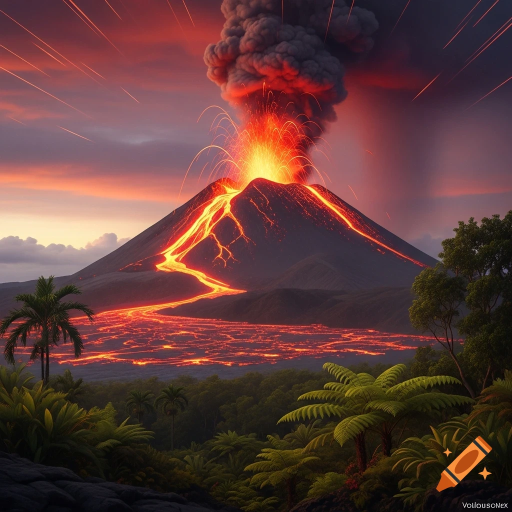 A dramatic volcanic eruption with vibrant orange lava flowing down a dark mountain, thick smoke, and sparks against a colorful sunset sky over a lush tropical landscape.