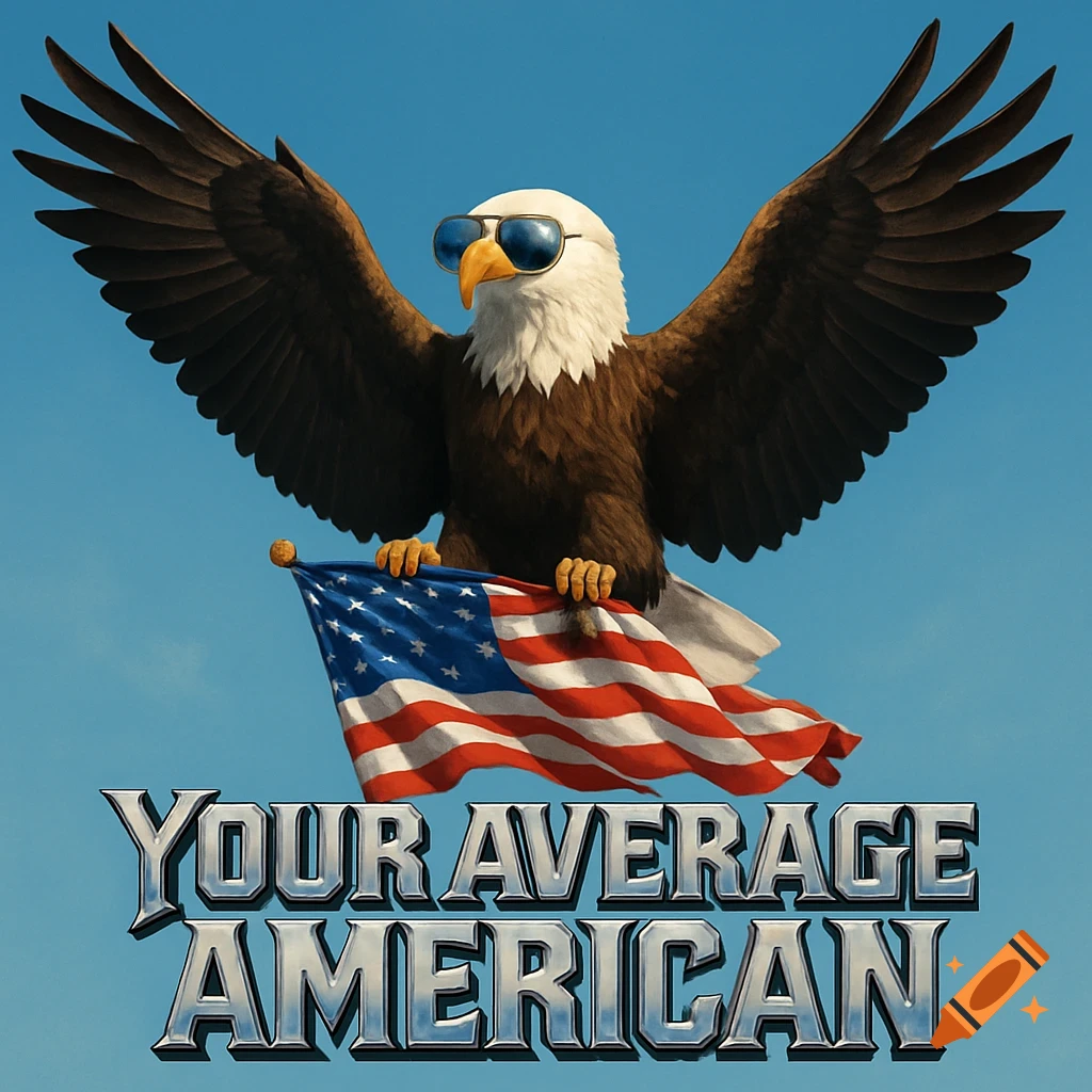 A stylized bald eagle wearing aviator sunglasses, holding an American flag. Below, the text reads "YOUR AVERAGE AMERICAN".