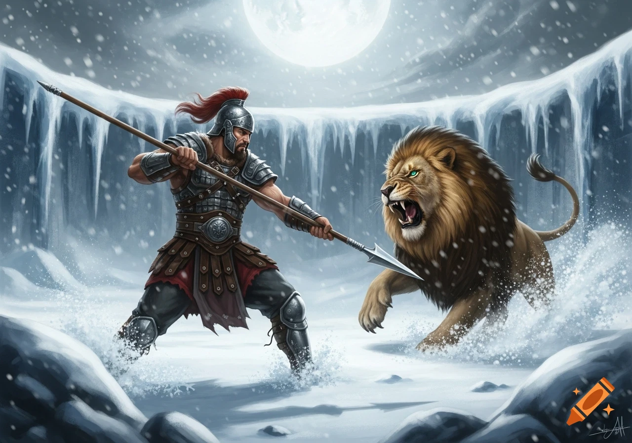 A digital painting of a warrior in ornate armor fighting a roaring lion with a spear in a snowy, icy landscape under a full moon.