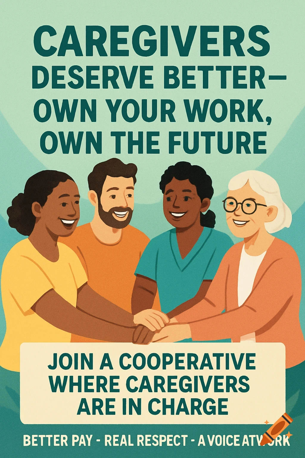 A colorful illustration of four diverse caregivers, two women, a man, and an older woman, smiling with hands clasped. Text on the flyer reads: "Caregivers Deserve Better—Own Your Work, Own the Future," "Join a Cooperative Where Caregivers Are in Charge," and "Better Pay - Real Respect - A Voice AtWork."