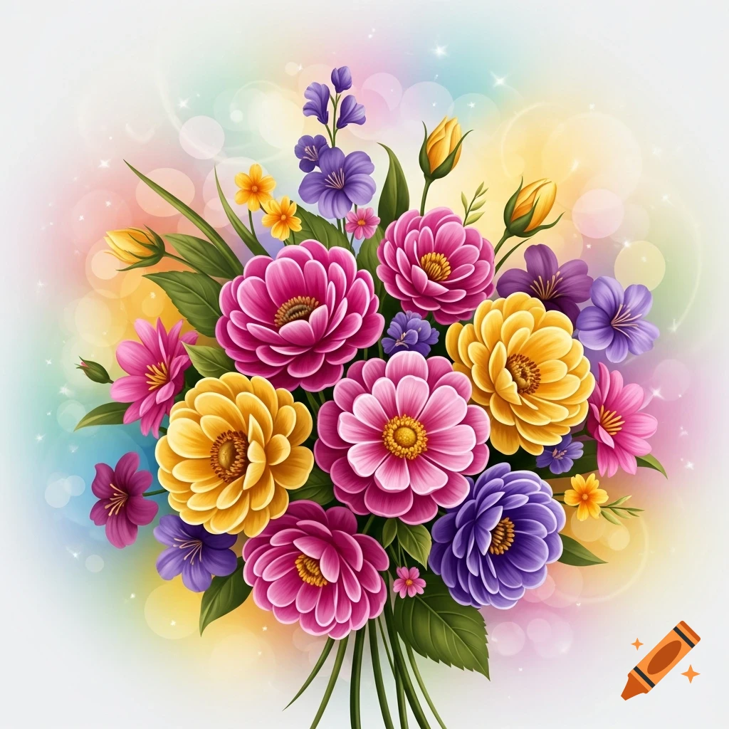 Vibrant bouquet of pink, yellow, and purple flowers with a soft, colorful bokeh background in an illustrative style.