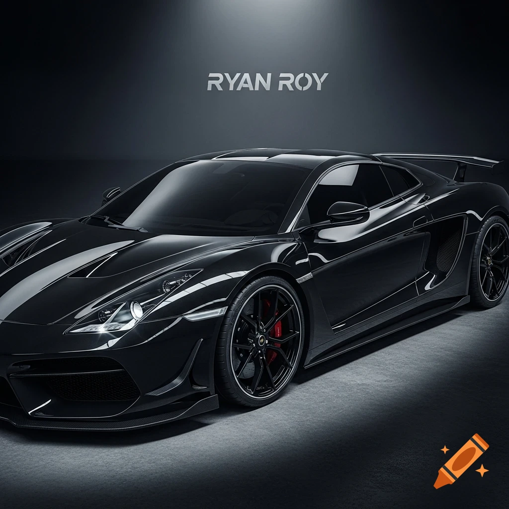 Sleek black sports car with dark windows and sporty rims, with 'RYAN ROY' text above, in a cinematic setting.