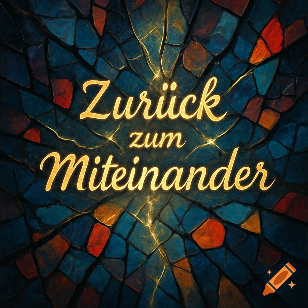 Stained glass window with glowing golden German text 'Zurück zum Miteinander' on a dark, fractured background.