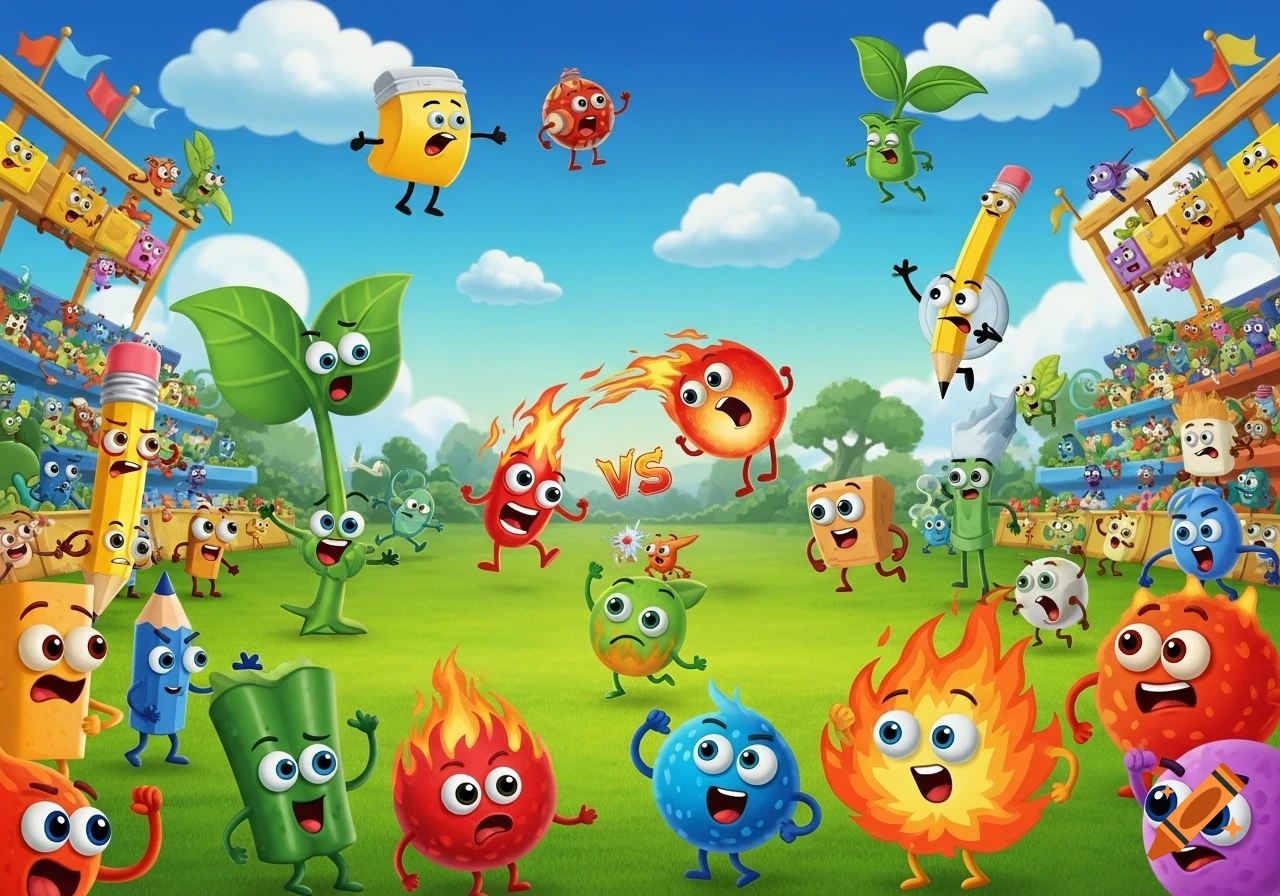 Vibrant cartoon of anthropomorphic objects like fire and pencils competing on a green field in a stadium, with 'VS' in the center.
