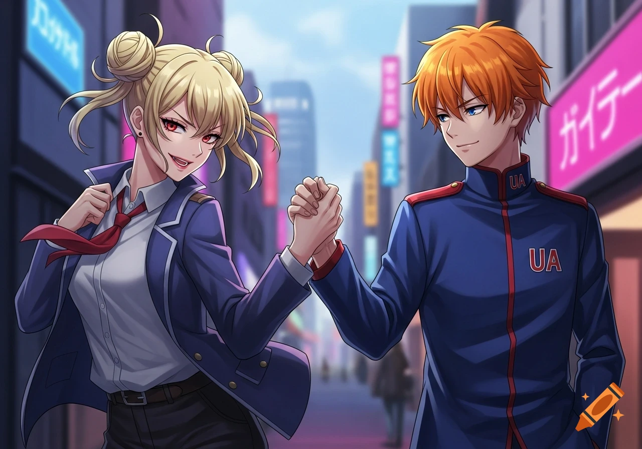 Blonde female and orange-haired male anime characters in blue uniforms hold hands on a city street with neon signs.