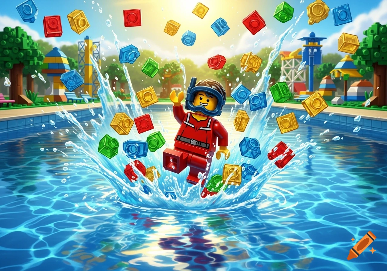 Lego minifigure in a red suit and snorkel mask jumps into a swimming pool, splashing water and colorful Lego bricks.