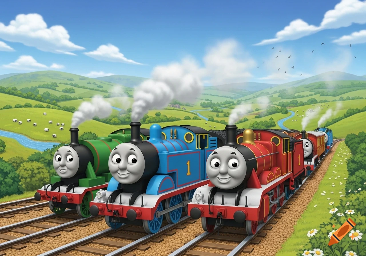 Thomas the Tank Engine, Percy, and James the Red Engine smile on parallel train tracks through a vibrant green countryside.