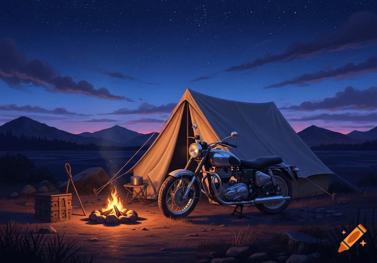 A stylized illustration of a motorcycle parked beside a lit tent and campfire under a starry night sky.