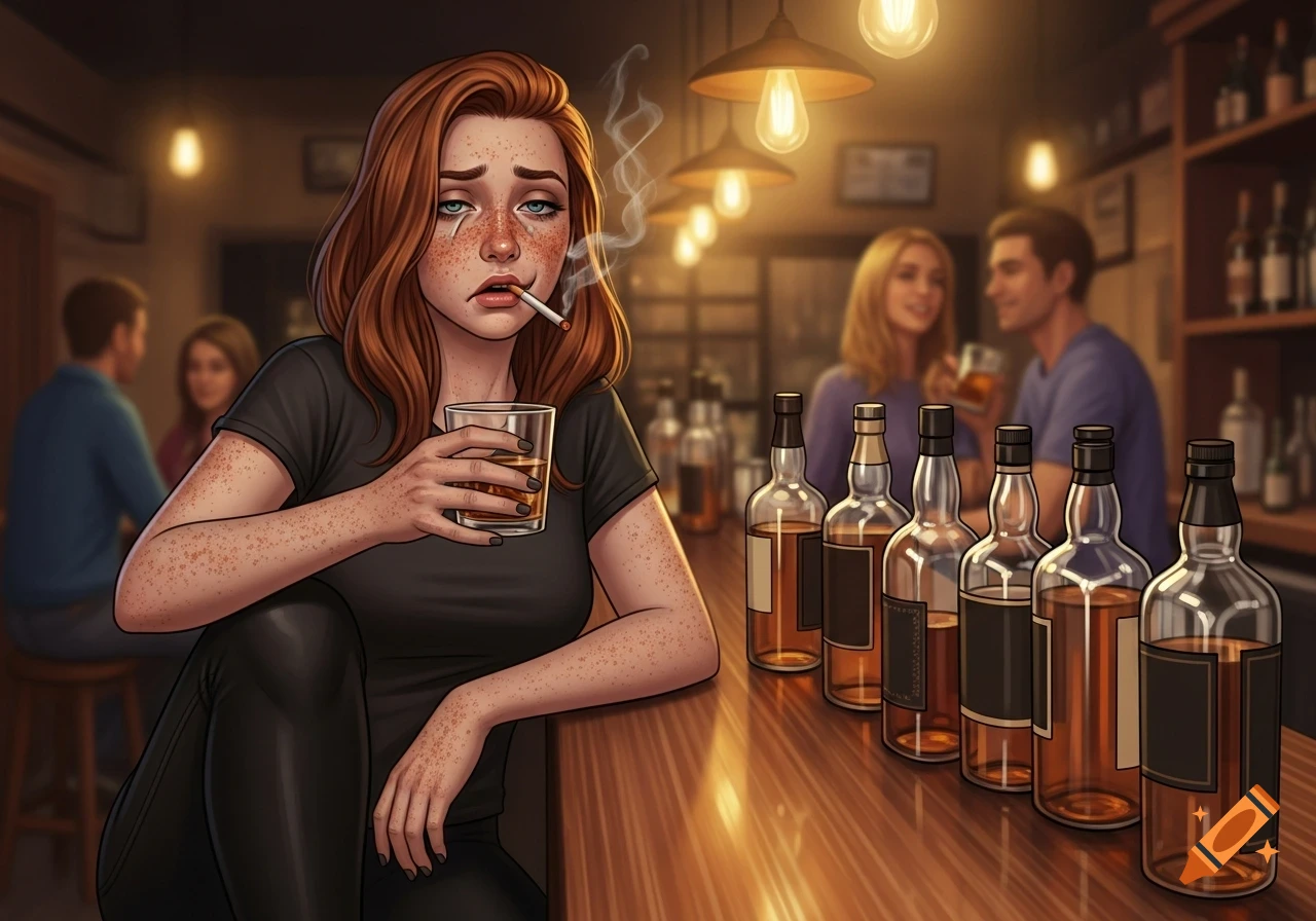A red-haired woman with freckles, crying and smoking a cigarette, holds a glass of whiskey at a bar, surrounded by bottles. People chat in the blurred background.