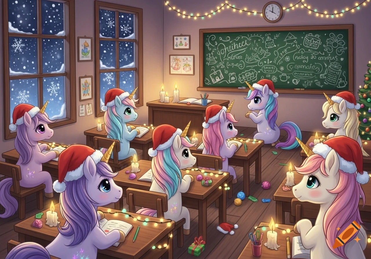 Cute cartoon unicorns wearing Santa hats sit at desks in a Christmas-decorated classroom with snow falling outside.