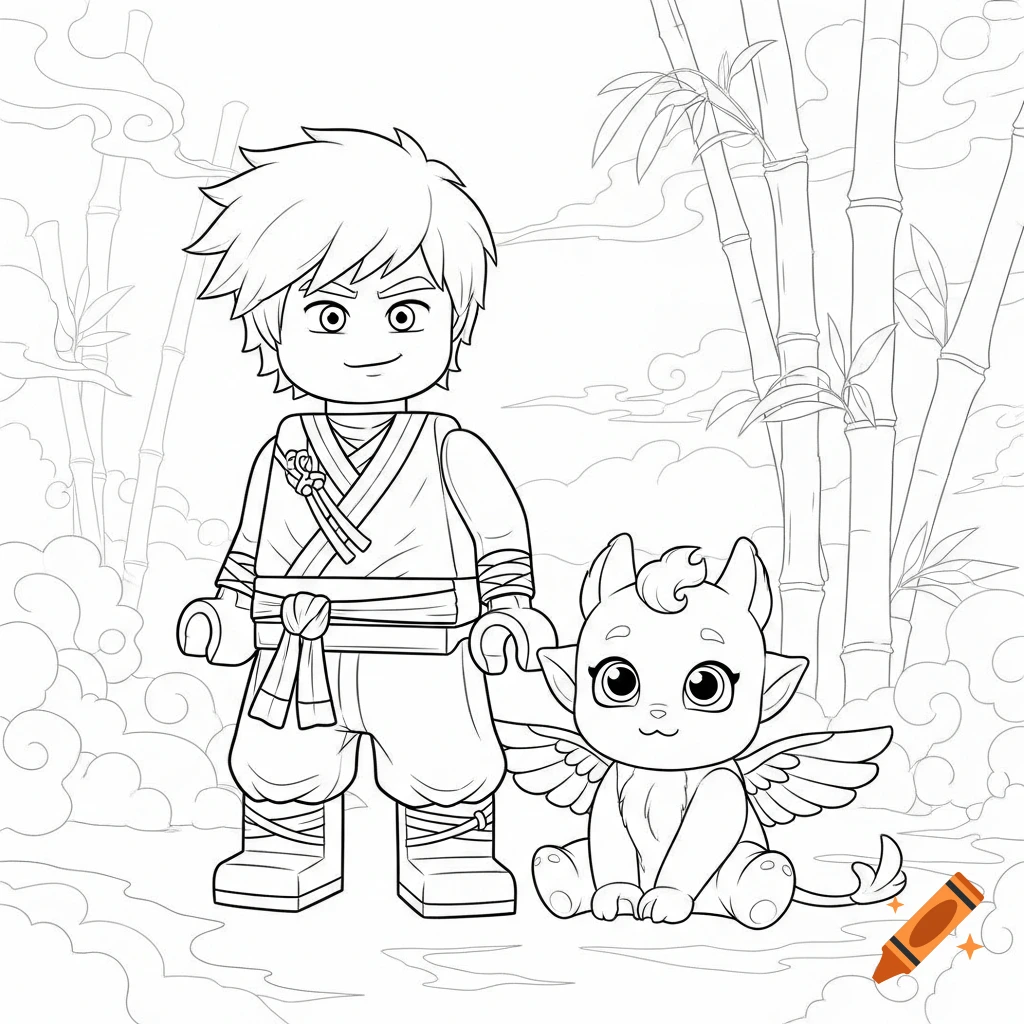 Coloring page of Lego Ninjago's Lloyd standing next to baby dragon Riyu, with bamboo stalks and clouds in the background.