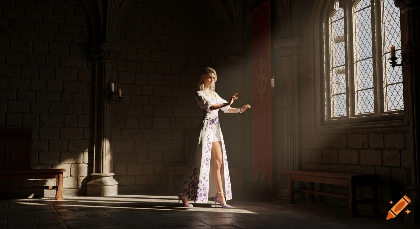 A blonde woman in a white dress with purple patterns stands gracefully in a sunlit medieval castle chamber, a gothic window to her right.
