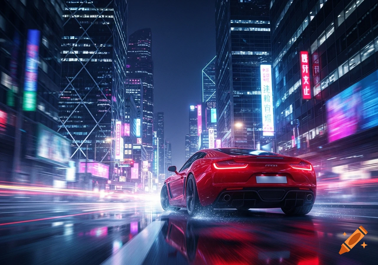 A red sports car speeds down a wet, neon-lit city street at night, with light trails streaking behind it and reflections on the road.