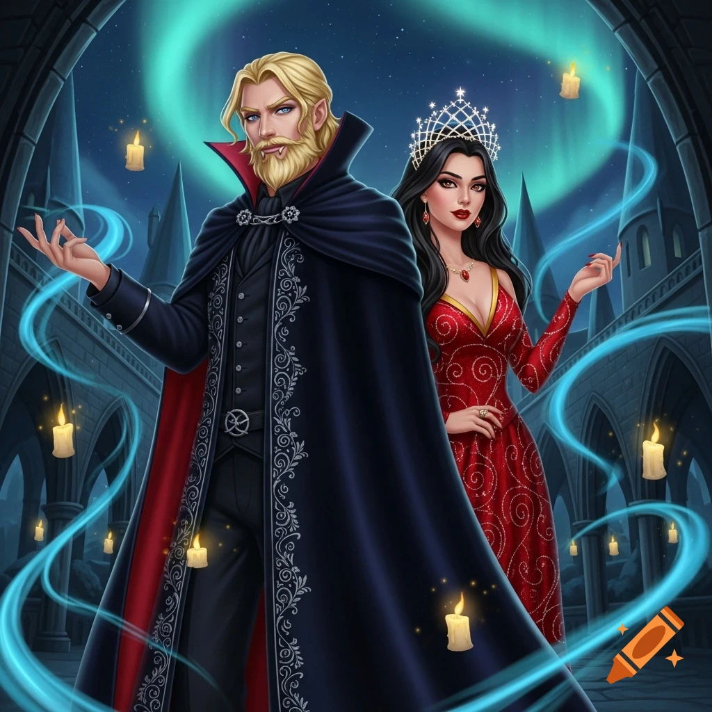A blonde bearded vampire and a dark-haired woman in a red dress and tiara pose in a gothic castle with aurora and magic.