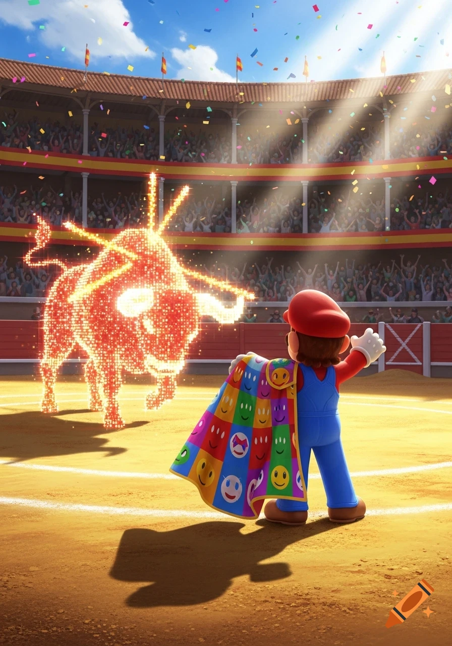 Super Mario stands in a bullfighting arena, facing a glowing, pixelated red bull while holding a colorful cape with smiley faces.