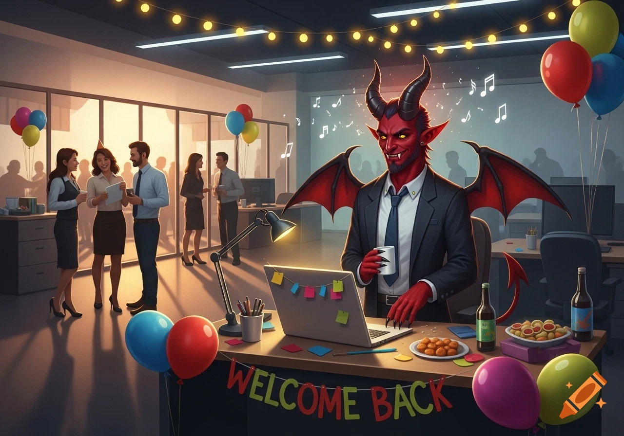 A smiling red demon in a business suit sits at a decorated office desk, holding a mug. Balloons and a "WELCOME BACK" banner adorn the desk, while blurred coworkers mingle in the background at an office party.