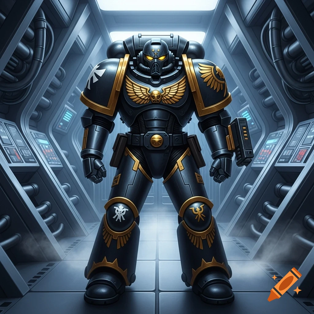 A space marine in black and gold power armor with yellow lenses stands front and center in a metallic, futuristic corridor.