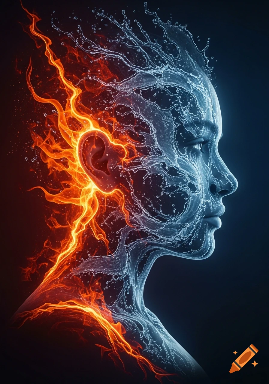 A profile of a human head and upper body, half formed from vibrant orange flames and half from clear blue water splashes.