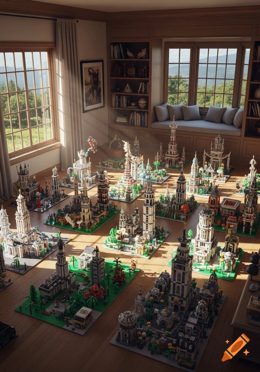 Photorealistic image of a room with many intricate Lego castle and building models on a wooden floor, bathed in sunlight.