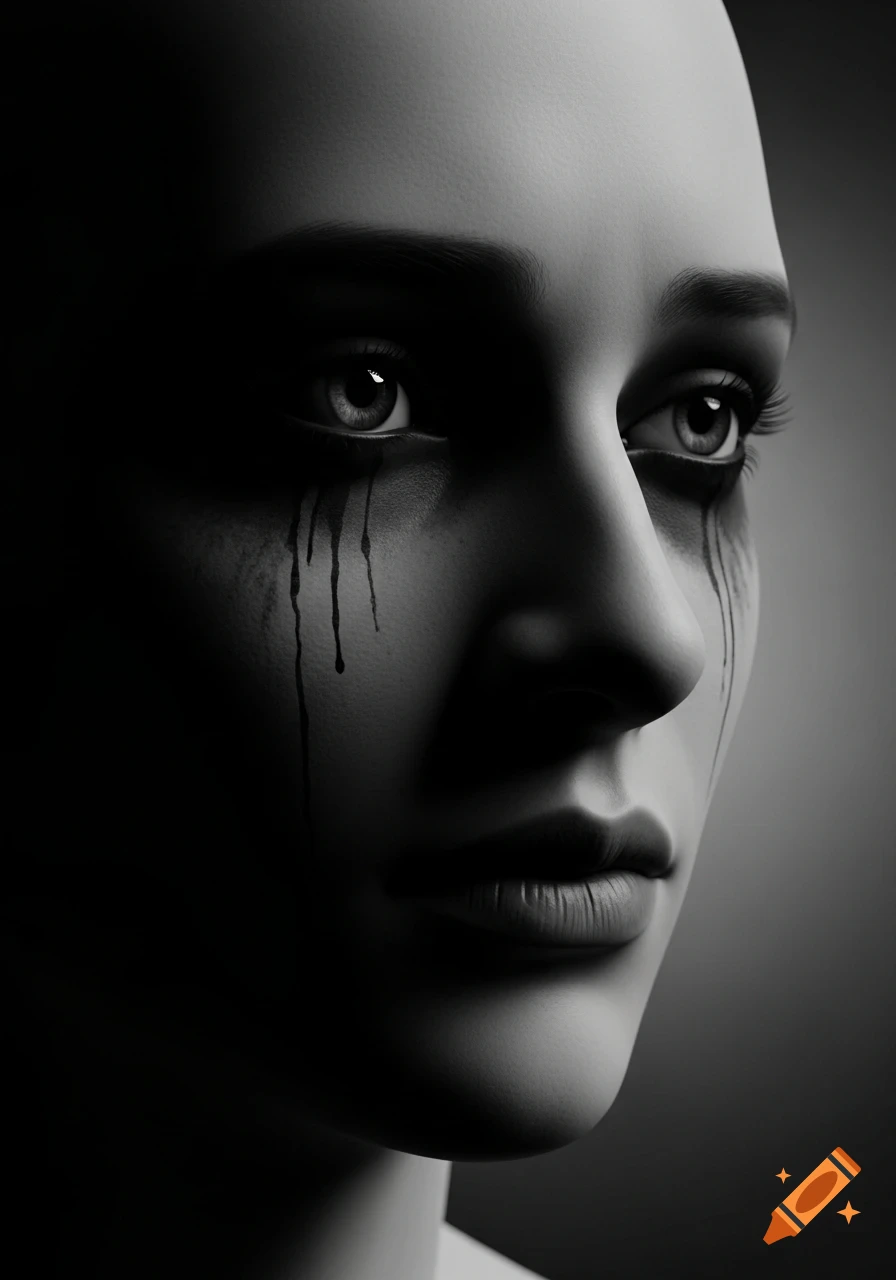 Black and white close-up portrait of a person's face with black liquid streaking from under the eyes like tears, dramatic lighting.