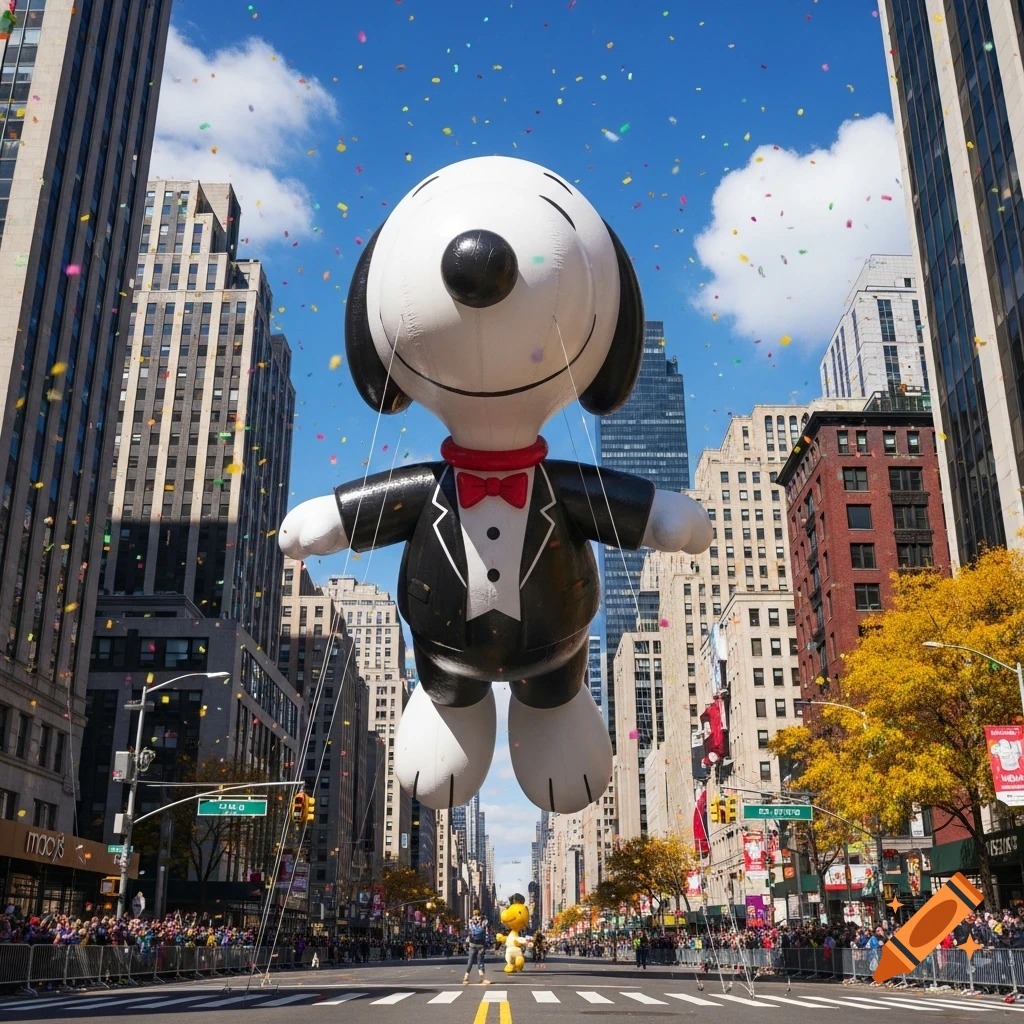 A giant photorealistic Snoopy balloon in a tuxedo floats above a city street during a parade, with buildings and spectators below.