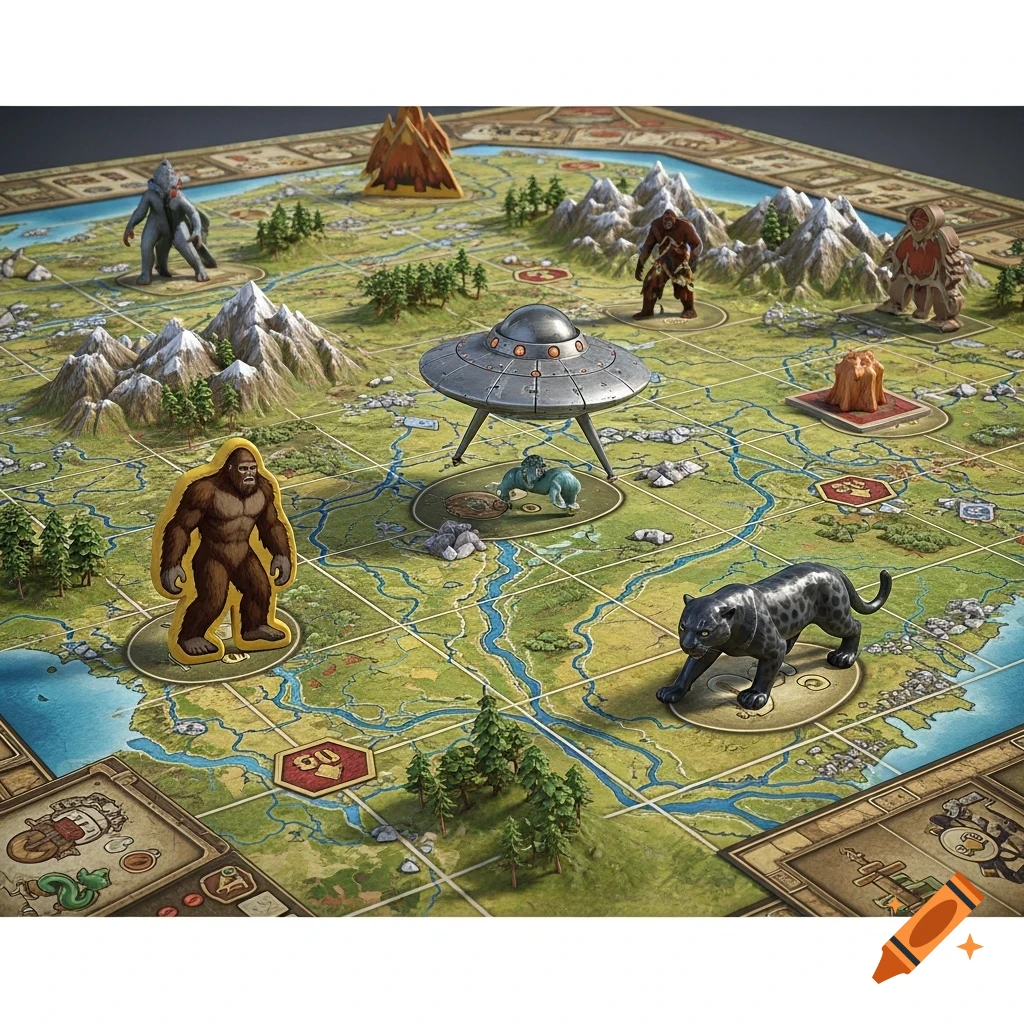 A detailed board game featuring play pieces of Bigfoot, a UFO, a black panther, and other cryptids, set on a map with mountains and rivers.