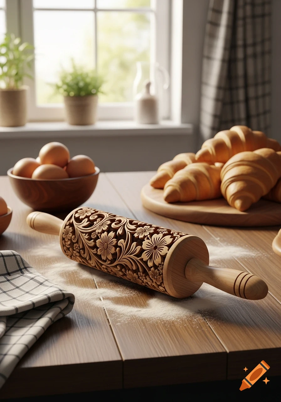 An ornate wooden rolling pin lies on a wooden table with scattered flour, alongside a bowl of eggs and croissants, in a sunlit kitchen.