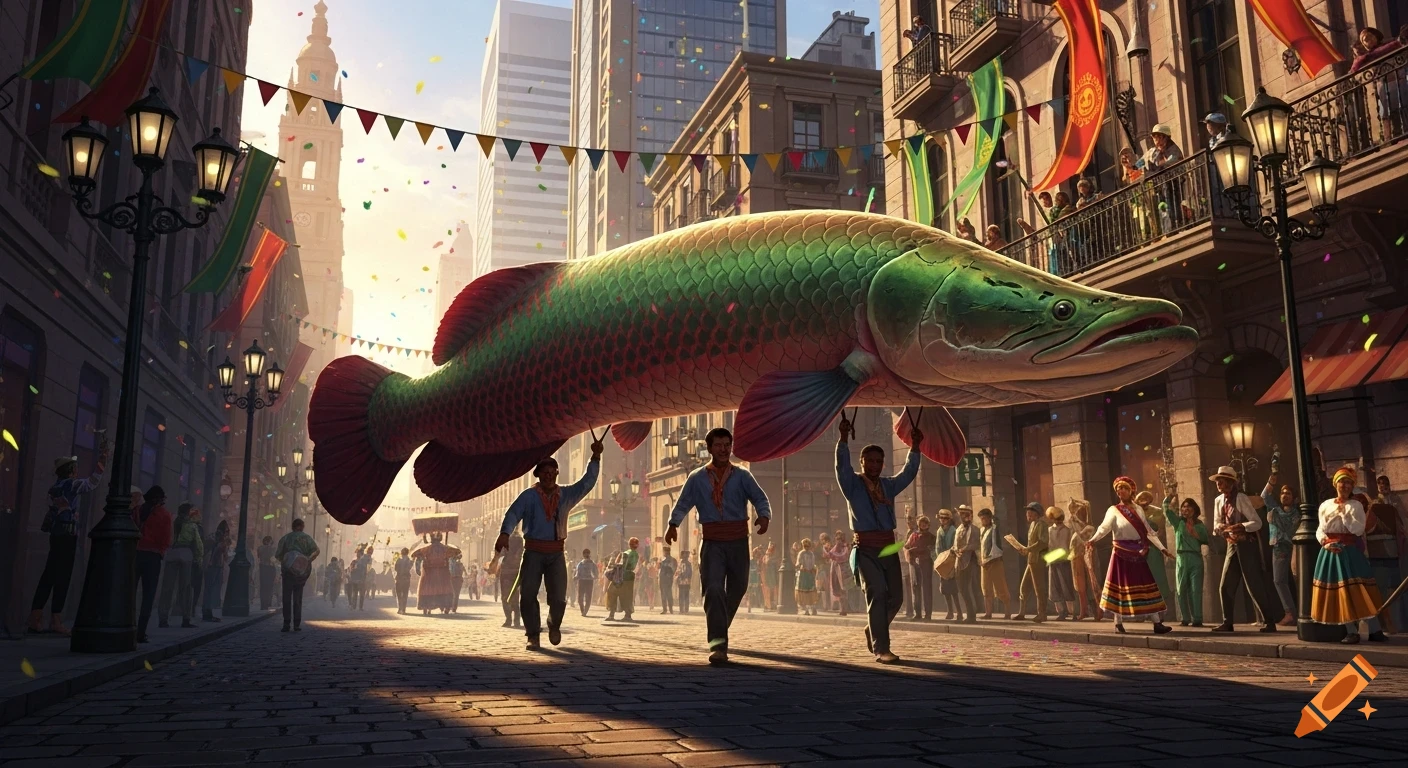 A giant green and red arapaima fish being paraded through a city street by three men, with confetti falling and festive banners adorning the buildings.