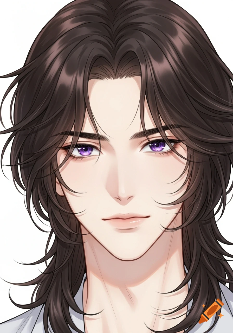Close-up anime style portrait of a young man with long dark brown hair, purple eyes, and soft features against a white background.