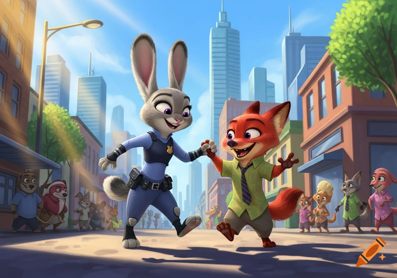 Judy Hopps and Nick Wilde from Zootopia run smiling hand-in-hand on a sunny city street with other animated animals.