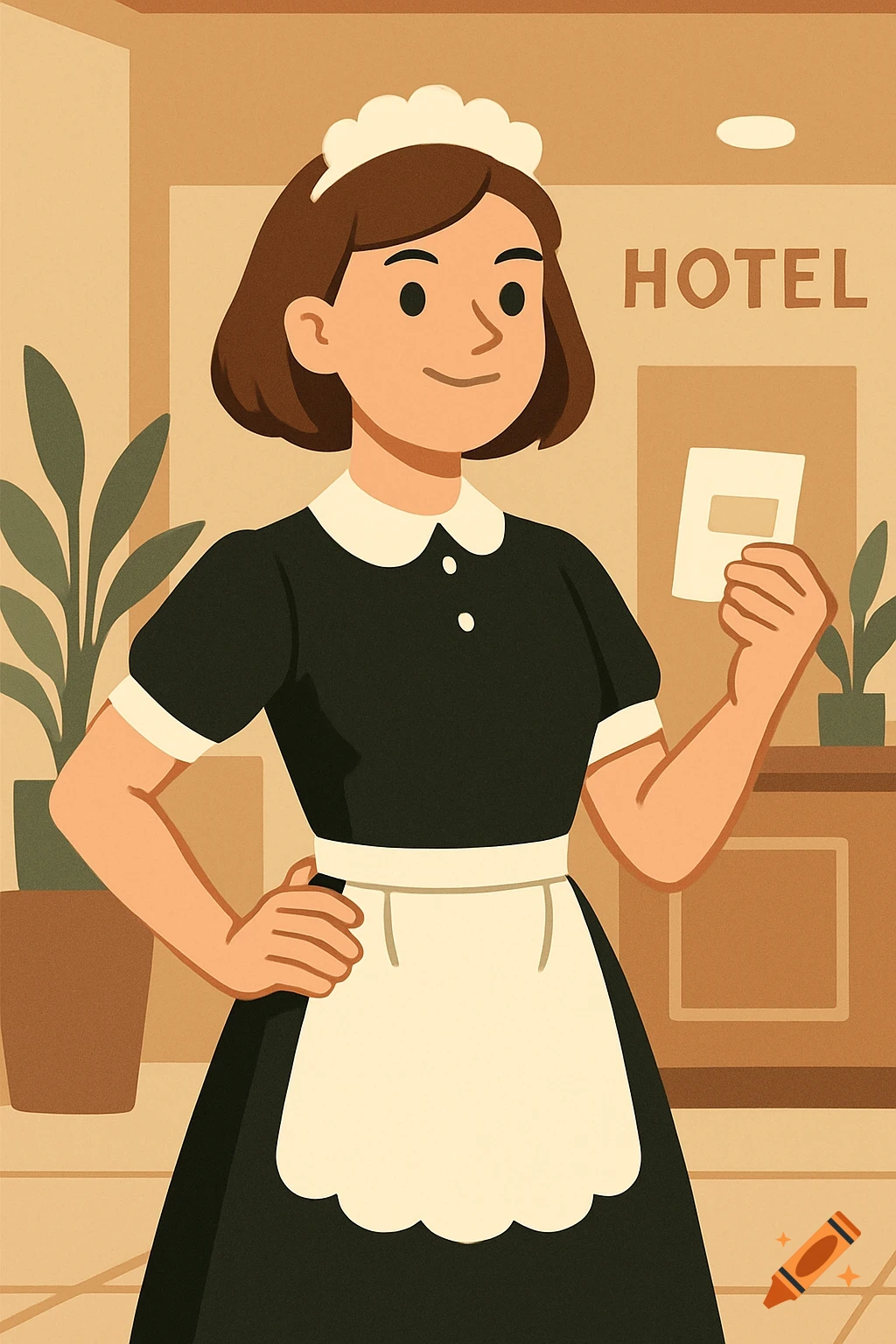 Flat-color illustration of a proud young woman maid in a black-and-white uniform holding an envelope in a hotel lobby.