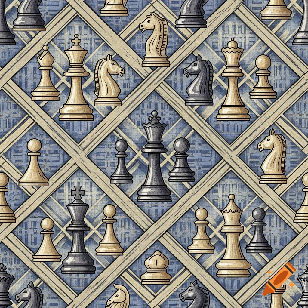 A seamless pattern of various gold and gray chess pieces like kings, queens, and knights on a blue and beige diagonal grid.