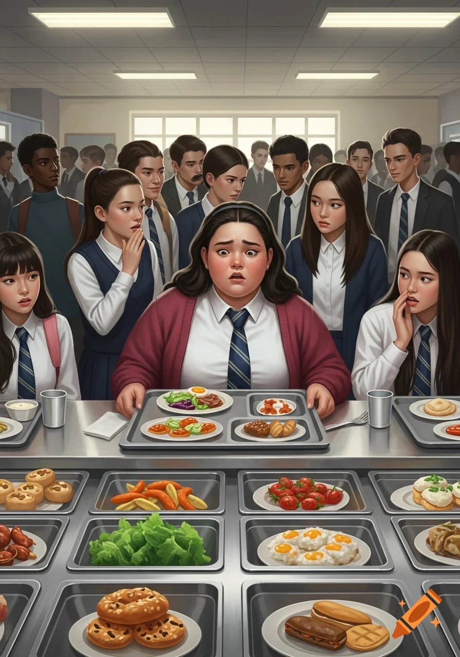 Illustrated school cafeteria scene with a plus-size girl holding a full tray, surrounded by other students observing her, depicting peer pressure.