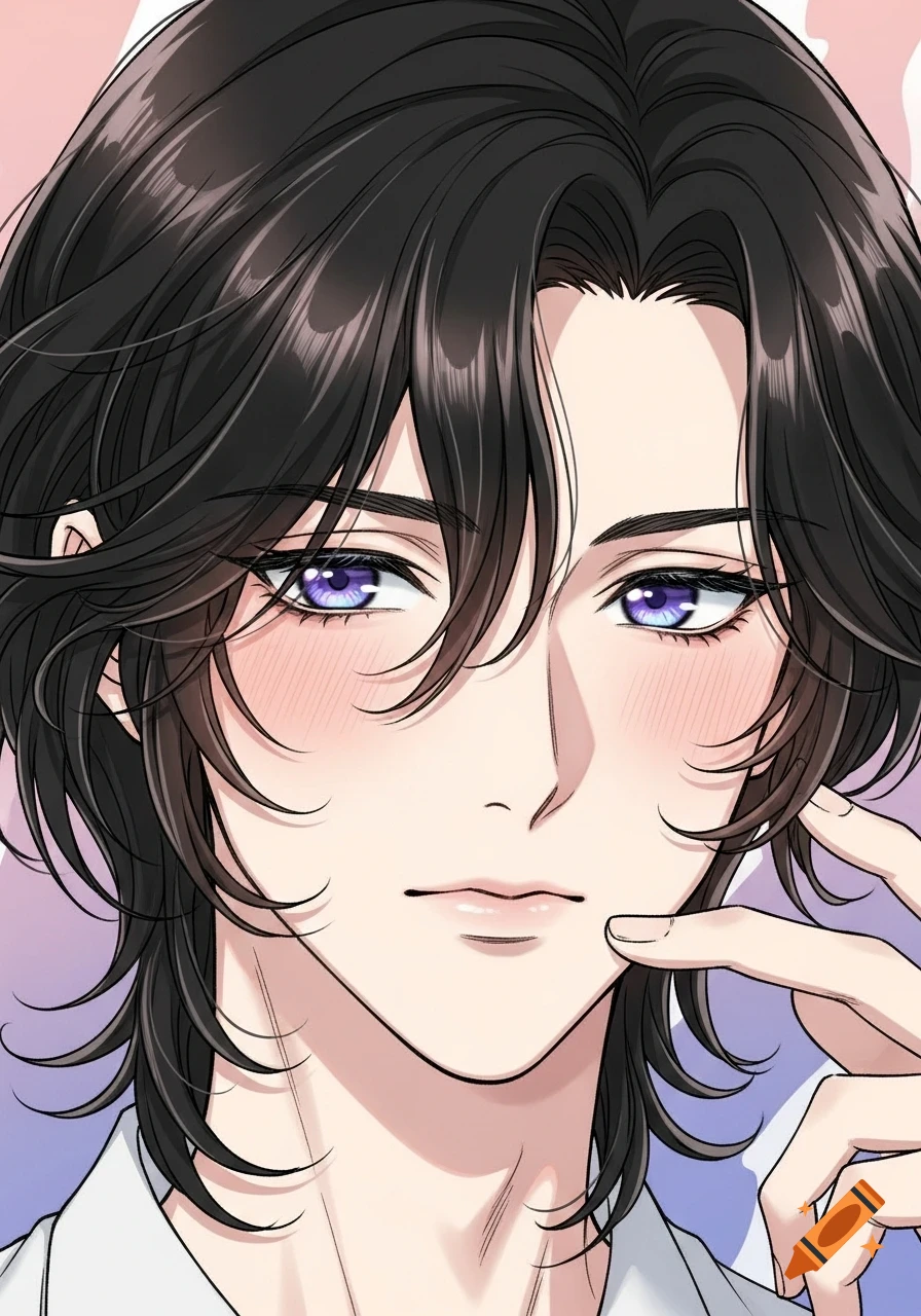 Close-up anime-style portrait of a young man with black wavy hair, purple eyes, and blush, touching his chin.