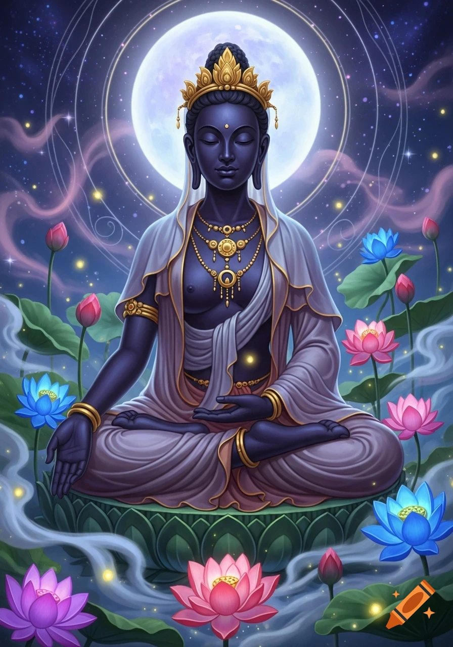 A dark-skinned Buddha-like figure meditates under a full moon, surrounded by vibrant lotus flowers in an ethereal, starry night.