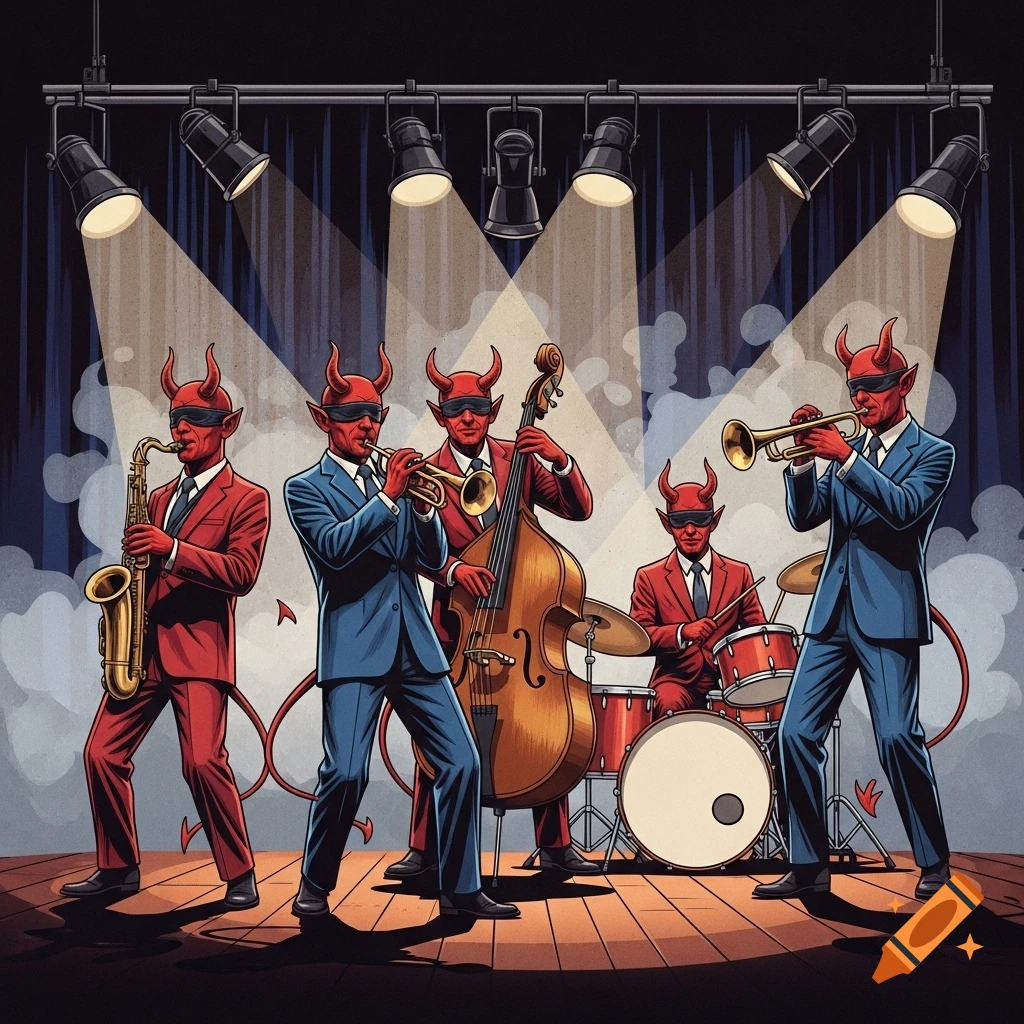 A jazz band of five red-skinned devils with horns and blindfolds performs on a stage under spotlights, in a screen print style.