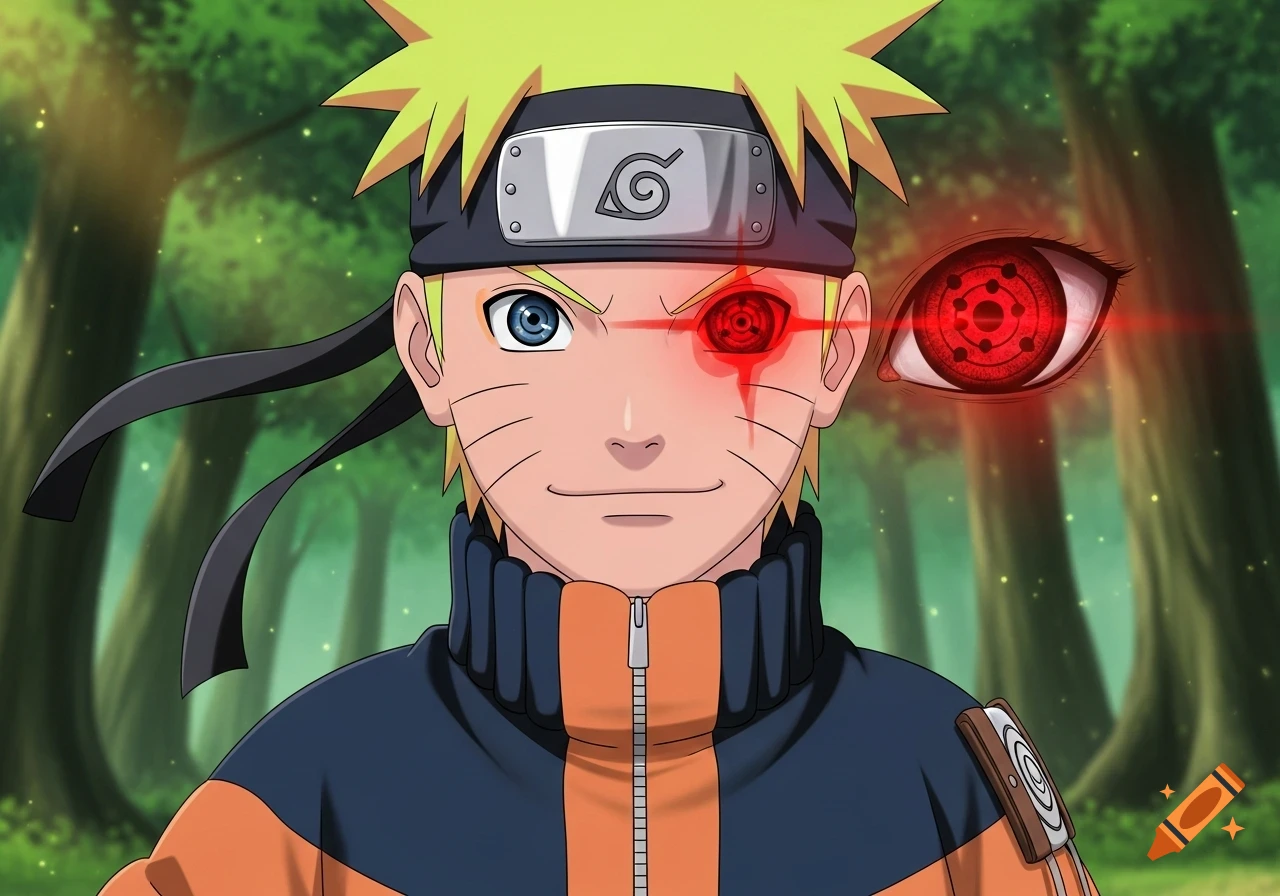 Anime character Naruto with spiky blond hair, one blue eye, and one glowing red Sharingan eye, with another red eye floating beside him in a forest.