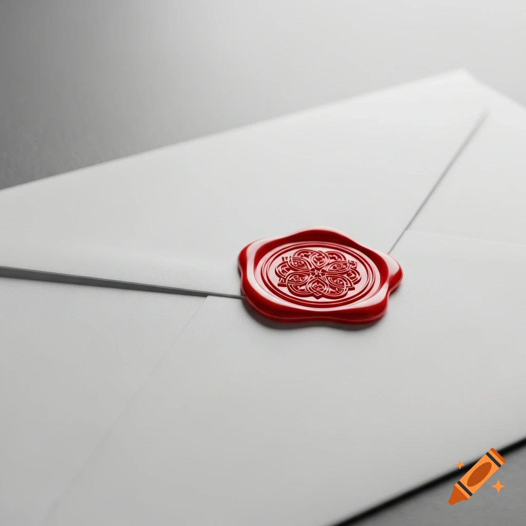 A close-up of a plain white envelope sealed with a decorative red wax stamp.