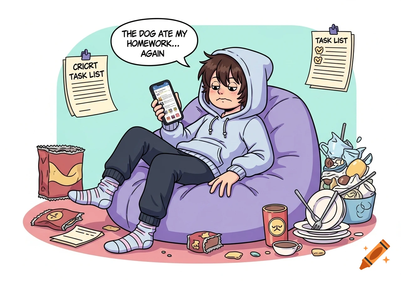 A cartoon of a lazy person in a hoodie, sitting on a beanbag chair, looking at a phone, surrounded by mess, with speech bubble saying "THE DOG ATE MY HOMEWORK... AGAIN"