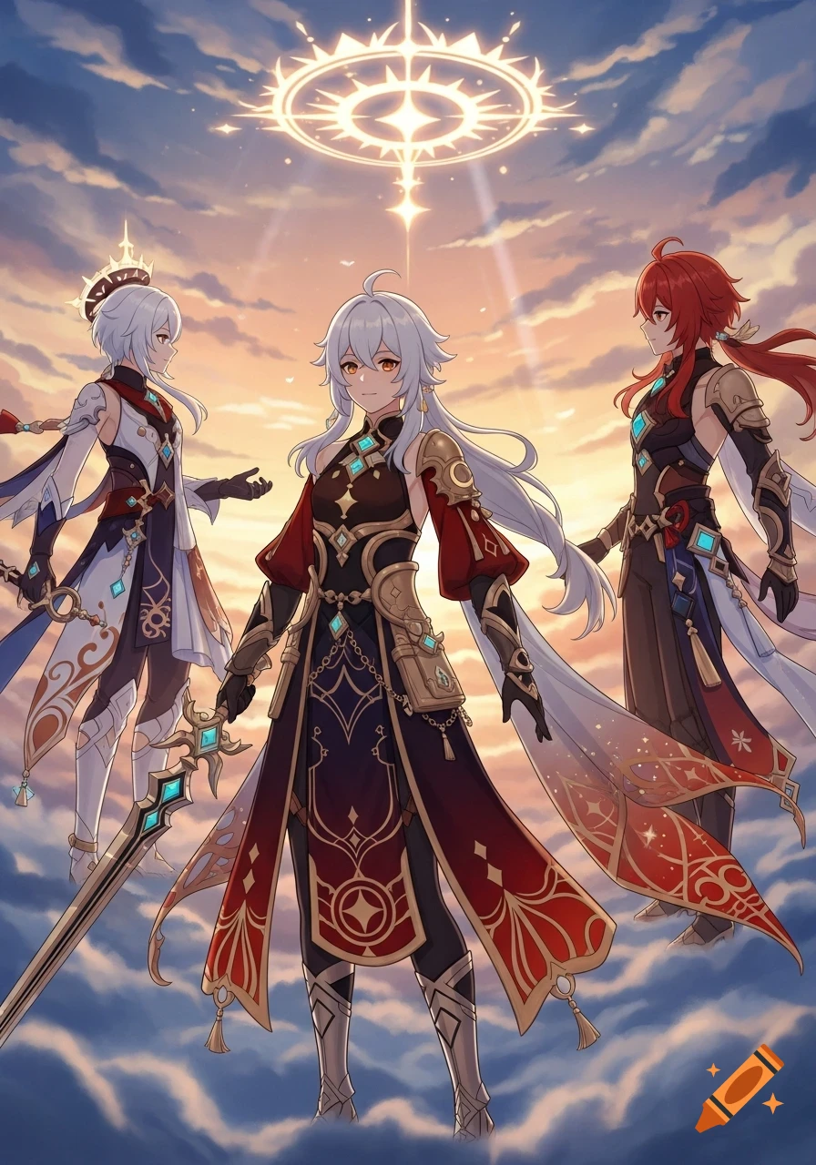 Three anime characters, two white-haired and one red-haired, in fantasy outfits, stand on clouds under a sunset sky with a glowing symbol.