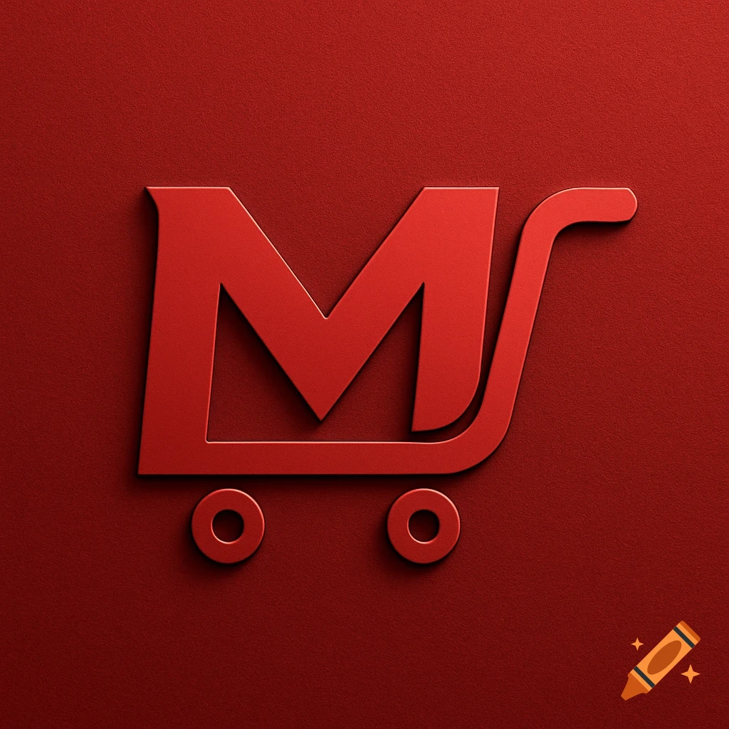 Red stylized M logo integrated into a shopping cart shape on a textured red background.