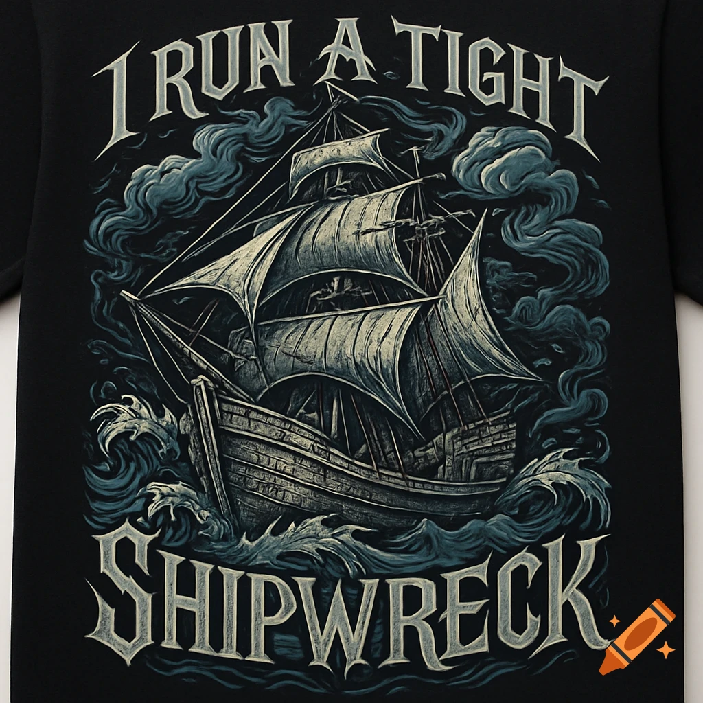 A black graphic t-shirt design featuring a distressed sailing ship amidst stormy waves, with 'I RUN A TIGHT SHIPWRECK' text.